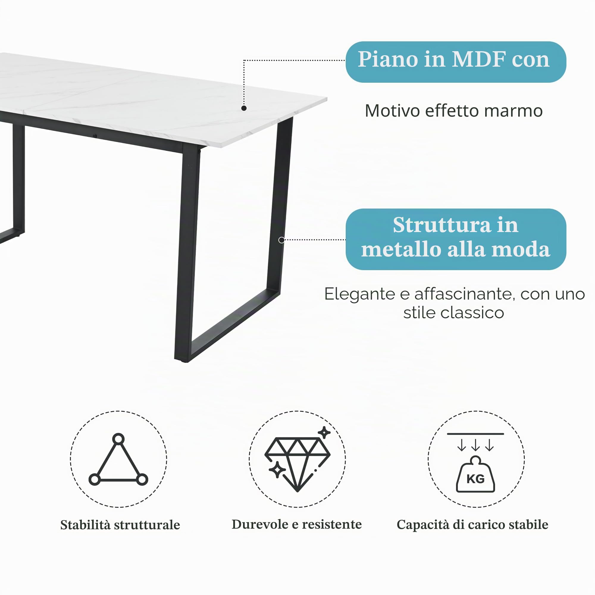 Tavolo da pranzo allungabile 140-180x70x75 cm, tavolo rettangolare da cucina, tavolo da pranzo con piano in marmo e gambe in metallo, tavolo allungabile per 4-8 persone, per soggiorno e sala da pranzo