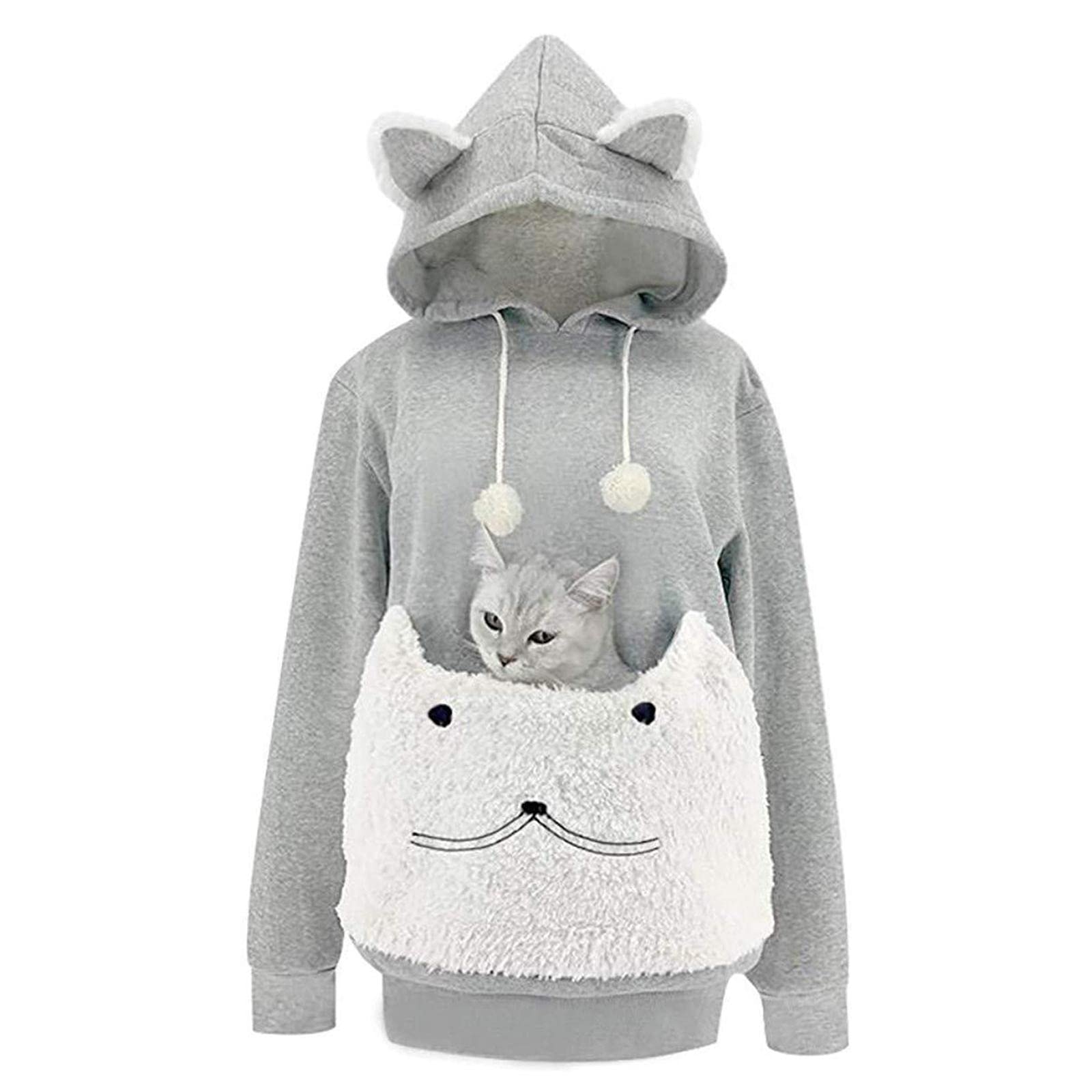Cat Hoodies Sweatshirt Damen Pullover mit Großer Tasche Cartoon Tierpullover Langarm Freizeit Kapuzenpullover Aus Stoff für Outdoor Reisen Sport Zuhau