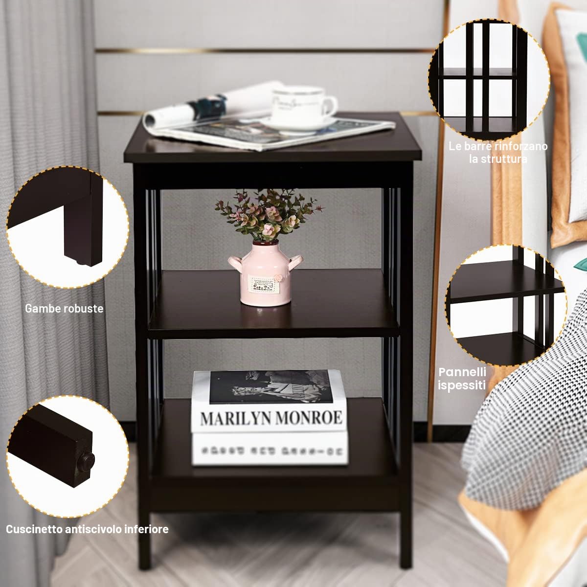 LIFEZEAL Comodino a 3 Ripiani, Comodino in Legno, Tavolino Basso, per Soggiorno, Camera da Letto, Salotto, Montaggio Semplice, Peso Max 20 kg, 40x40x61 cm, Caffè