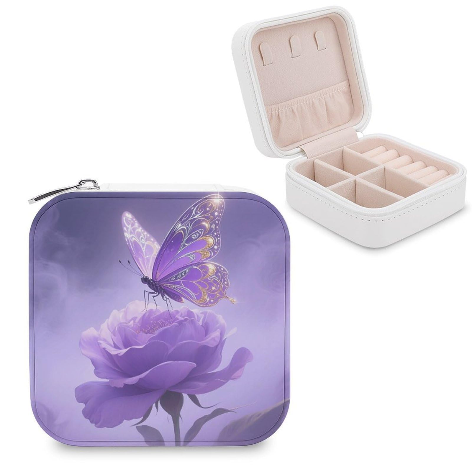 MUSM Glitter Butterfly Travel Jewelry Case Personalized PU Leather Jewelry Boxes for Women Small Portable Jewelry Organizer Box Cute Trinket Box for Necklaces Rings Earrings & Gifts