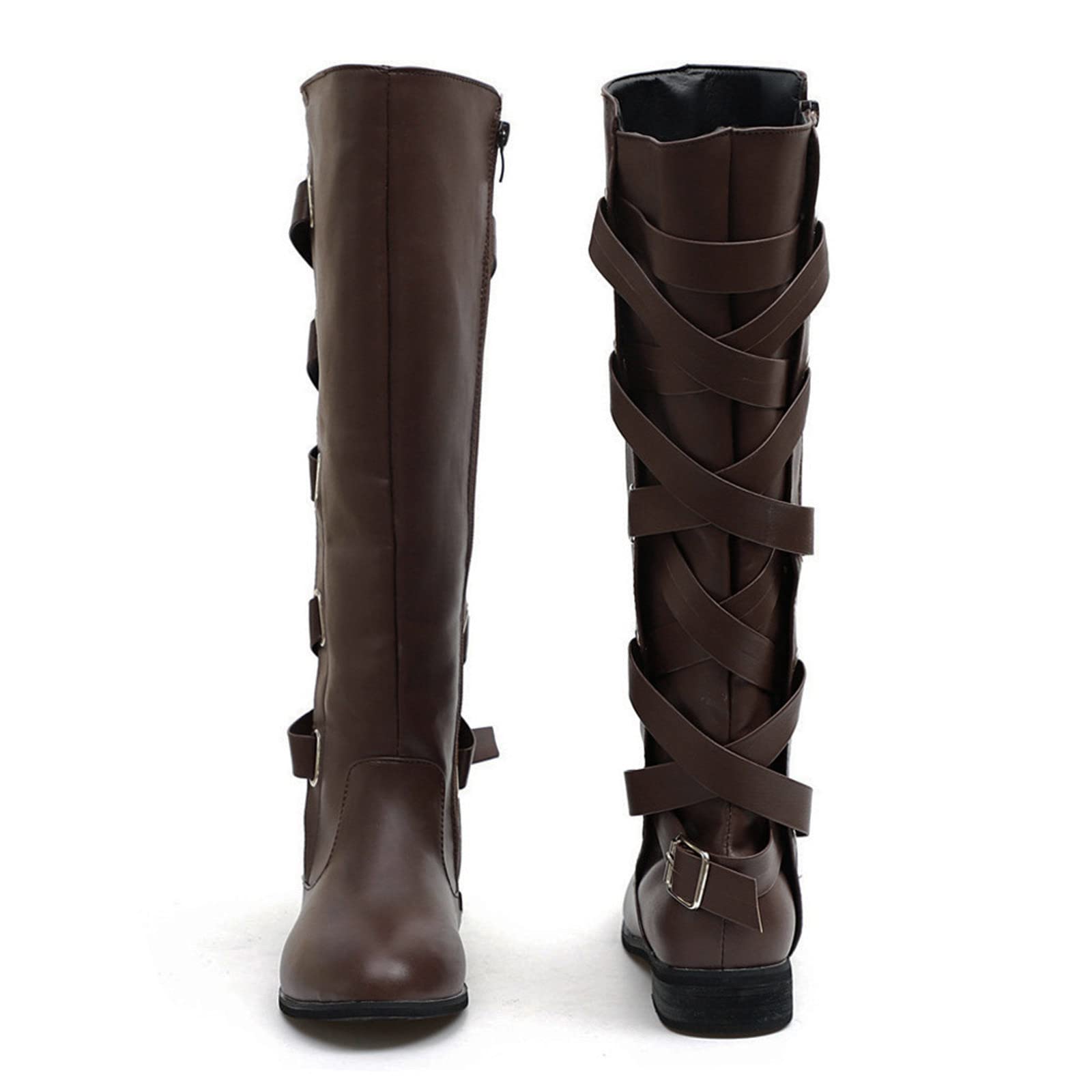 Botas hasta la Rodilla con Cordones para Mujer Botas de Nieve cálidas de Invierno Botas de Montar de Cuero para Mujer Botas de Tobillo Planas con Hebilla de cinturón para Mujer con Cremallera Lateral