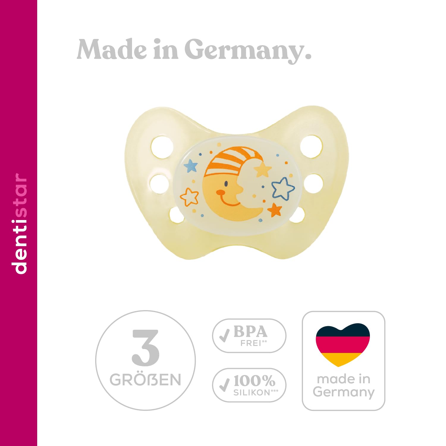 dentistar Night Silikon Schnuller 3er-Set - Größe 3, ab 14 Monate - Glow in the Dark Nuckel mit Dentalstufe – BPA-frei – Made in Germany - Fee, Rose - 5