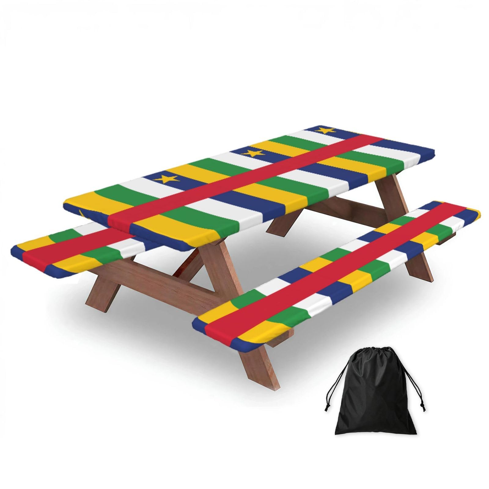 Hhbiuuo Black 72In Camping Table Cover & Bench Covers 3-Pack Set, Central African Flag Print Tablecloths, For Rectangle Tables Picnic