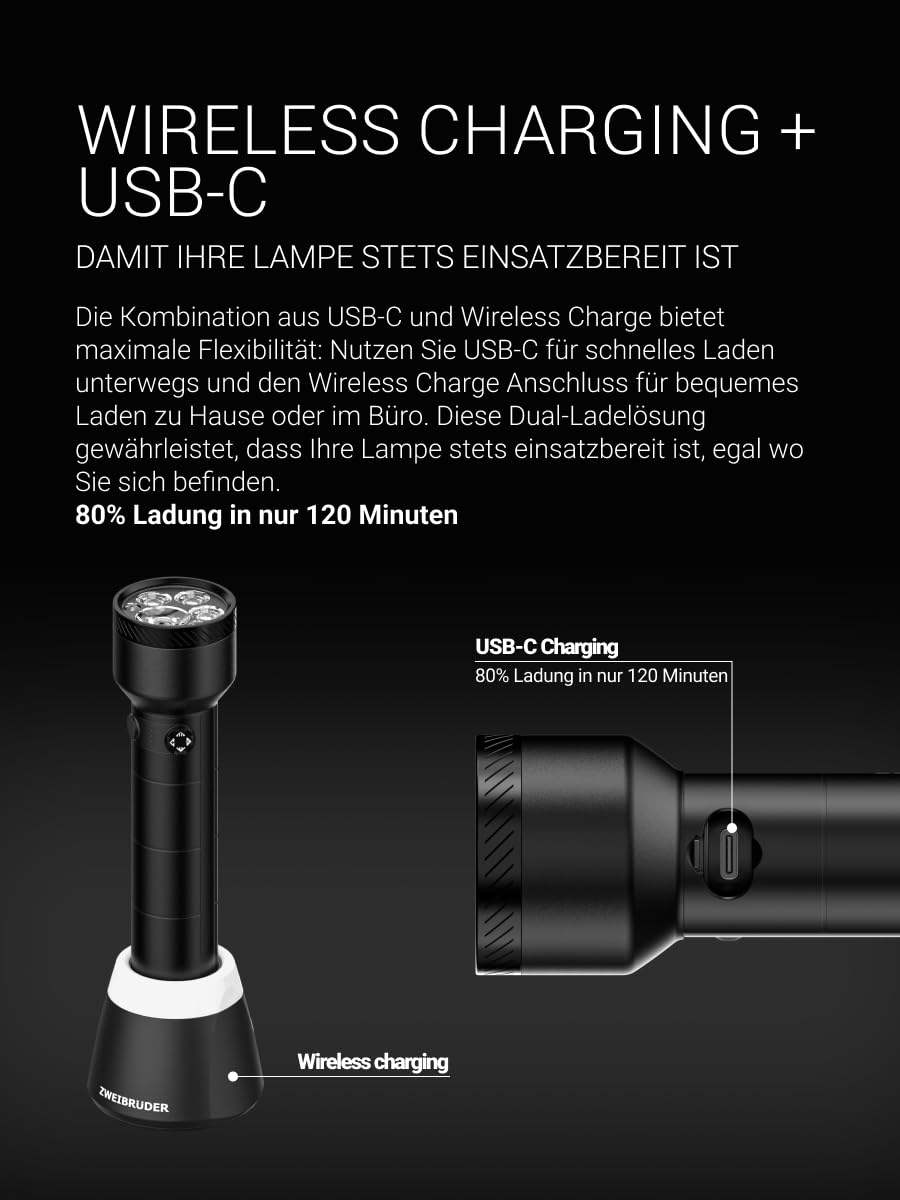 Zweibrüder ZB8T Taschenlampe 4000 Lumen, LED mit Digital Focus | Multiple Optic Technology, USB-C aufladbar inkl. Ladestation, IP66, für Camping, Outdoor, Wandern und Freizeit