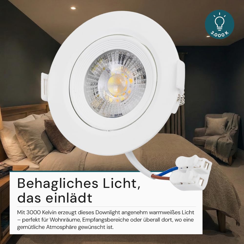 LUXULA LED Einbaustrahler schwenkbar 20 Stück - Einbaumaß 75mm - Deckenspot Weiß, Einbauleuchte Decke - 5W 450lm 3000K warmweiß - 38° Spotlight - LED Spots 30.000h - LED Deckenleuchte 230V Bad/Küche