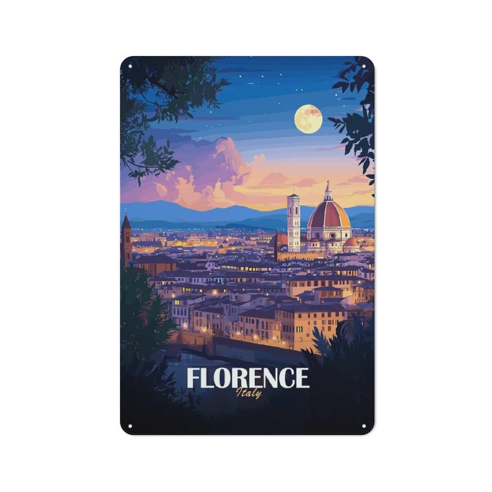 Junmoney Florence, Italy At Night Nostalgic Decorative Tin Plaque 30X20cm, Classic Pub Decor For Diner, Restaurant, Shed Or Kitchen