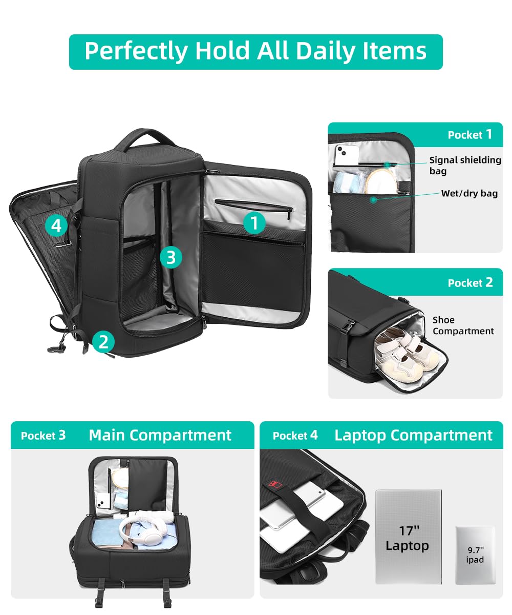 Mochila de Viaje TSA de 43 L Tamaño Grande para Portátil de 17 Pulgadas Impermeable para Trabajo Oficina Viaje Senderismo (Negro)
