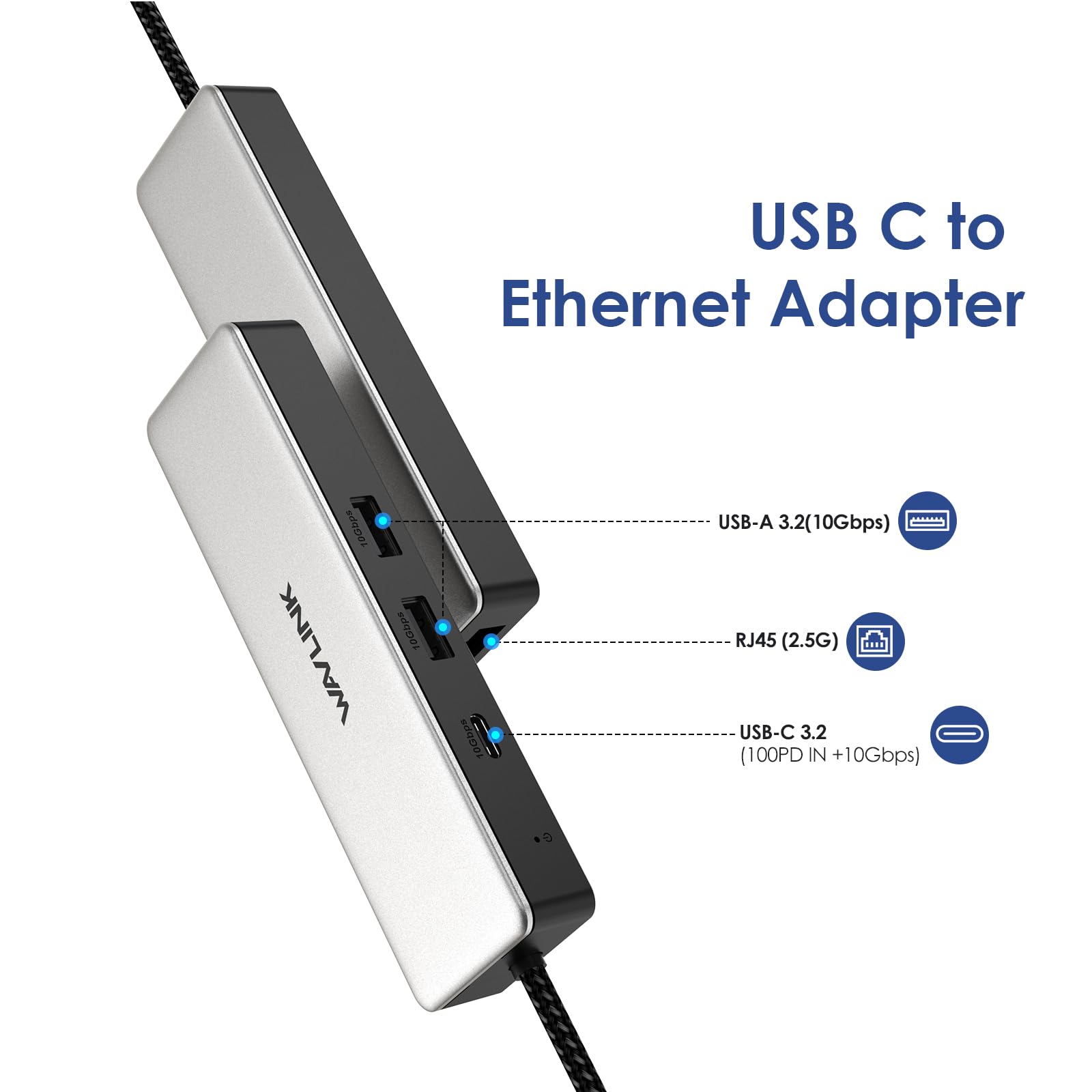 USB C to 2.5 Gbps Ethernet Adapter, WAVLINK 2.5G Ethernet Adapter with 2* USB-A&C 3.2, 100W PD, Compatible with Type C Device to Network for MacBook/XPS etc.
