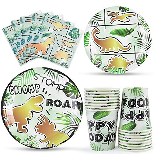 Gold Dinosaur Party Tableware Set Dinosaur Party Supplies for Boys Kids Dino Theme Birthday Party Bundle Includes Disposable