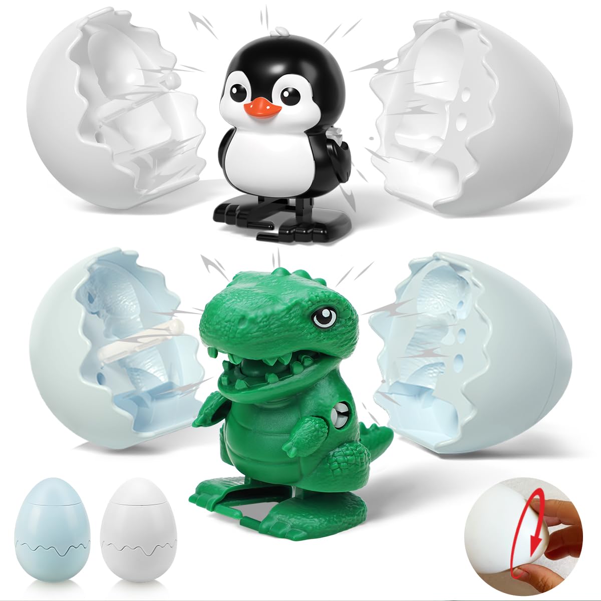 Photo 1 of 2 Pack Wind-Up Surprise Hatching Eggs Toy, Dinosaur & Penguin Egg Pops Open & Walks, Clockwork Mechanical No Battery Reusable Fun Toy, Birthday Gift for Boys Girls Toddlers