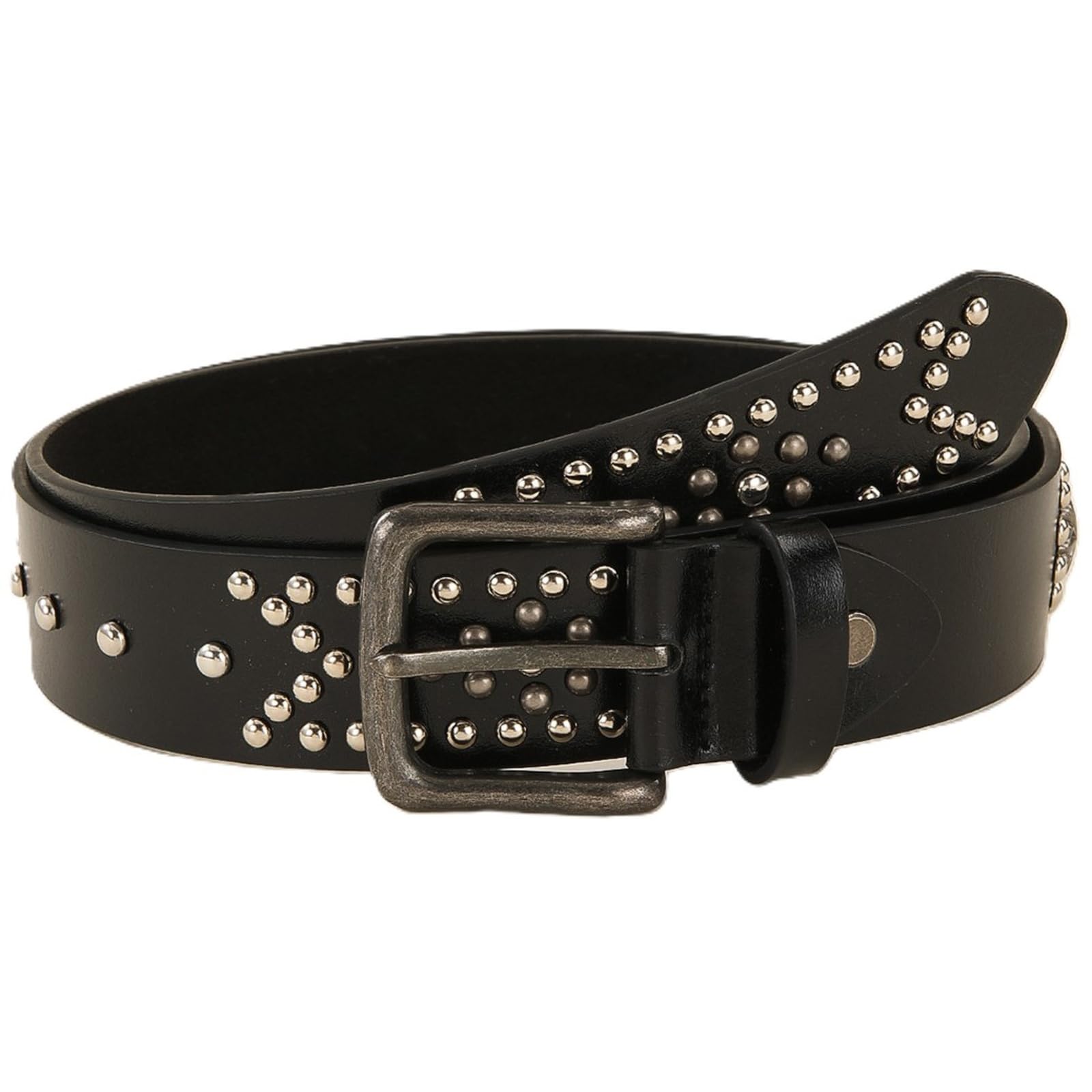 AGUTALITHIC Faux Leather Studded Belt Metal Prong Buckle,Vintage Floral Rivet in Circular Arrangement 3.3cm Unisex Punk Strap(100cm/39, Black)
