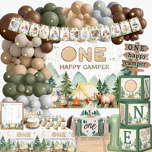 One Happy Camper Birthday Decorations Camping first Birthday Party decorations Camp 1st birthday Party Supplies Decor Balloon Arch One Boxes High Chair Banner Crown Cake Topper Tablecloth Confetti