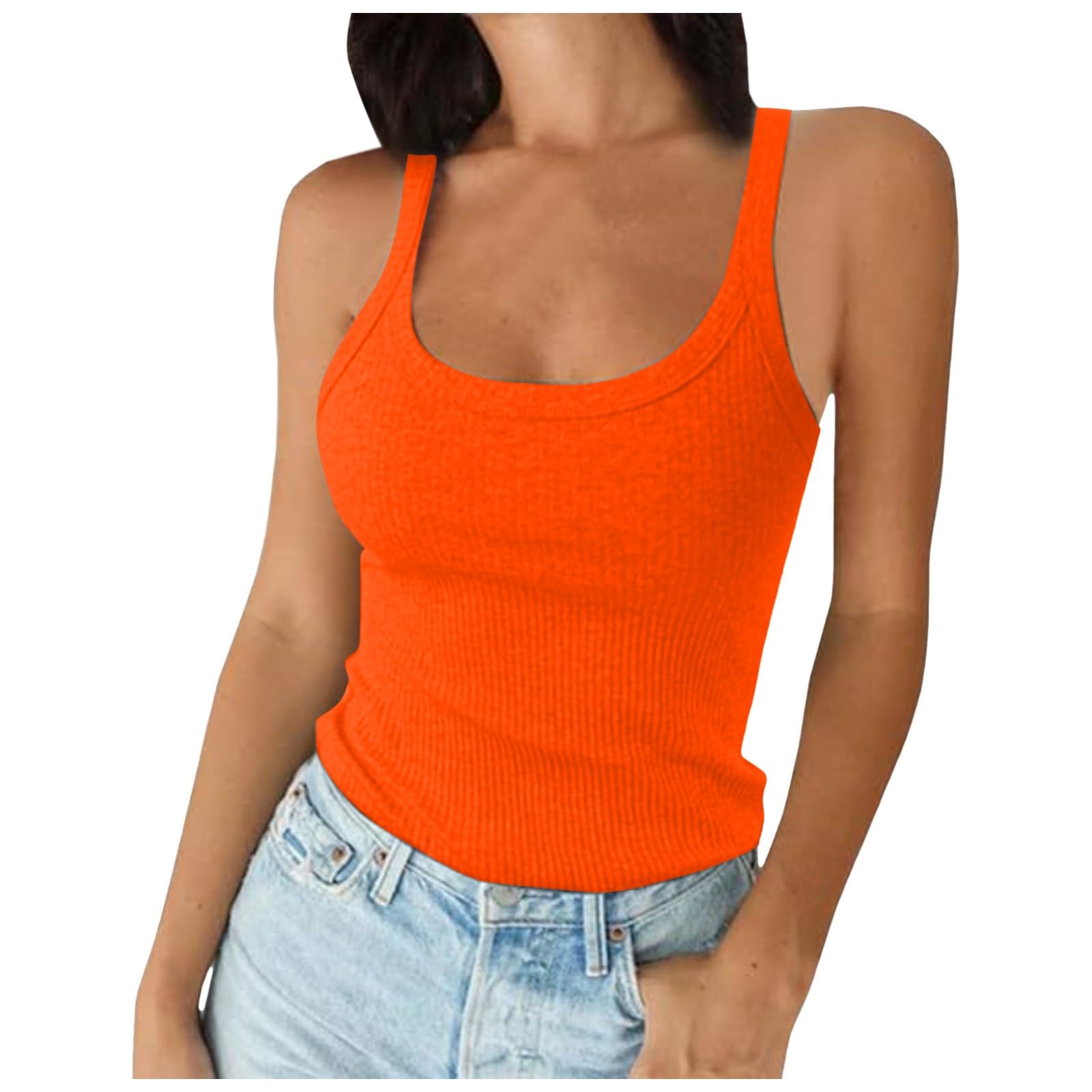 Débardeur côtelé à bretelles spaghetti et col rond pour femme - Coupe ajustée - En coton - Sans manches - Style sportif