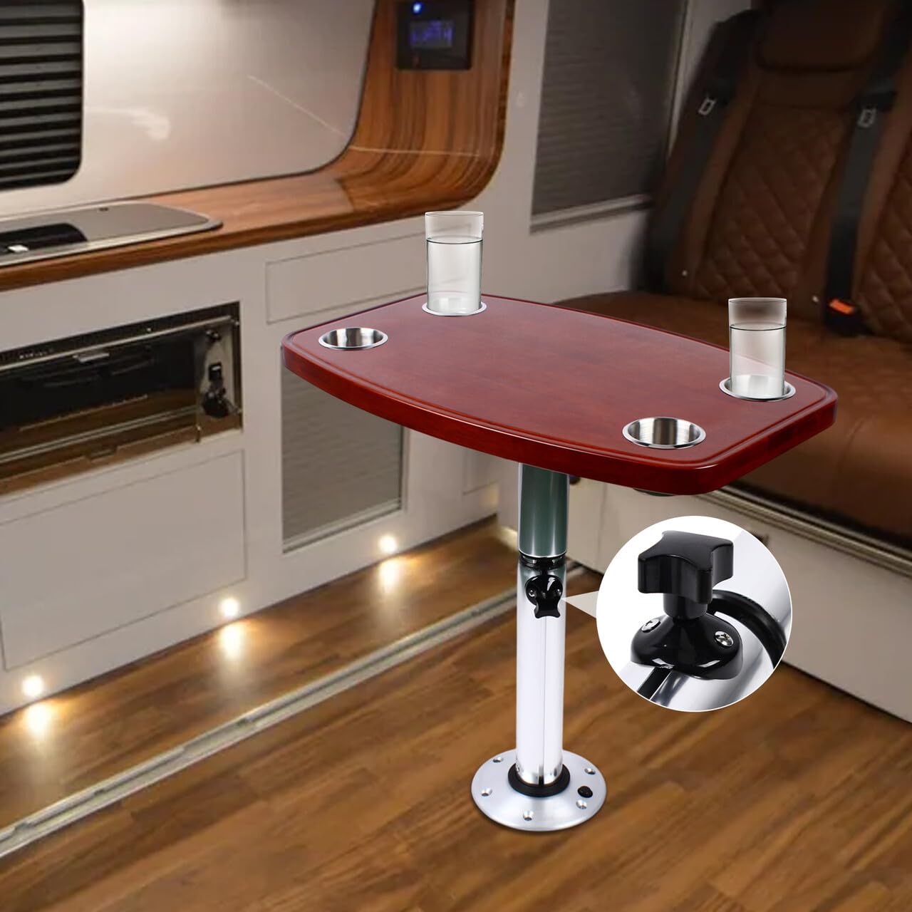 Tavolo regolabile Pedestal con 4 scomparti per bicchieri, tavolo per roulotte, camper, barca, yacht, telescopico, regolabile in altezza, gambe da tavolo telescopiche, 600 x 380 mm