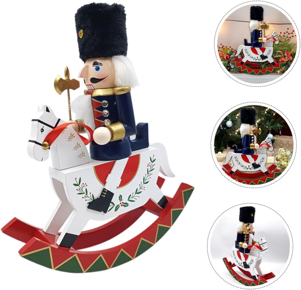 Wooden Nutcracker Sculpture on Rocking Horse Large Christmas Nutcracker Figure Holiday Decor for Home and Office
