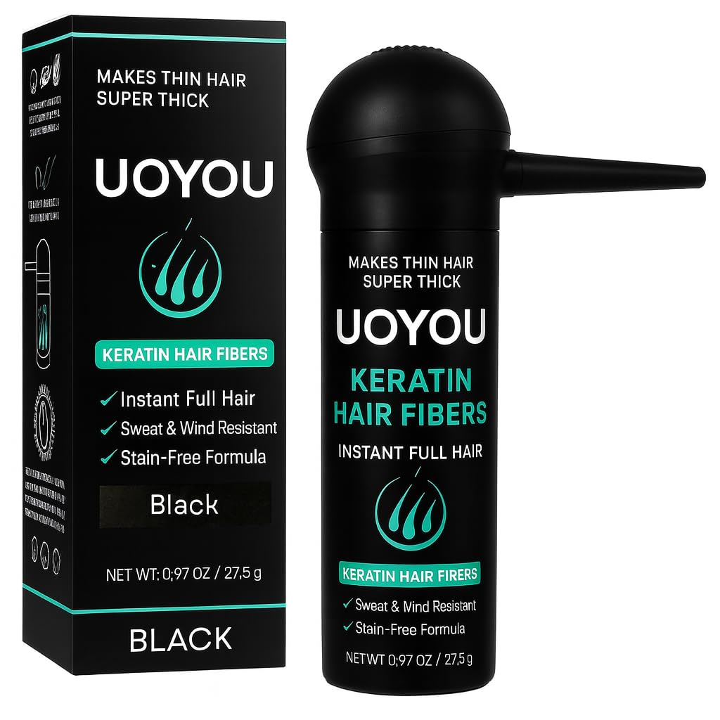 UOYOU Hair Fibres BLACK 27.5g with Pump Applicator – Natural Keratin Hair Building Fibers for Thinning Hair – Undetectable, Sweat- & Wind-Resistant Concealer for Men & Women