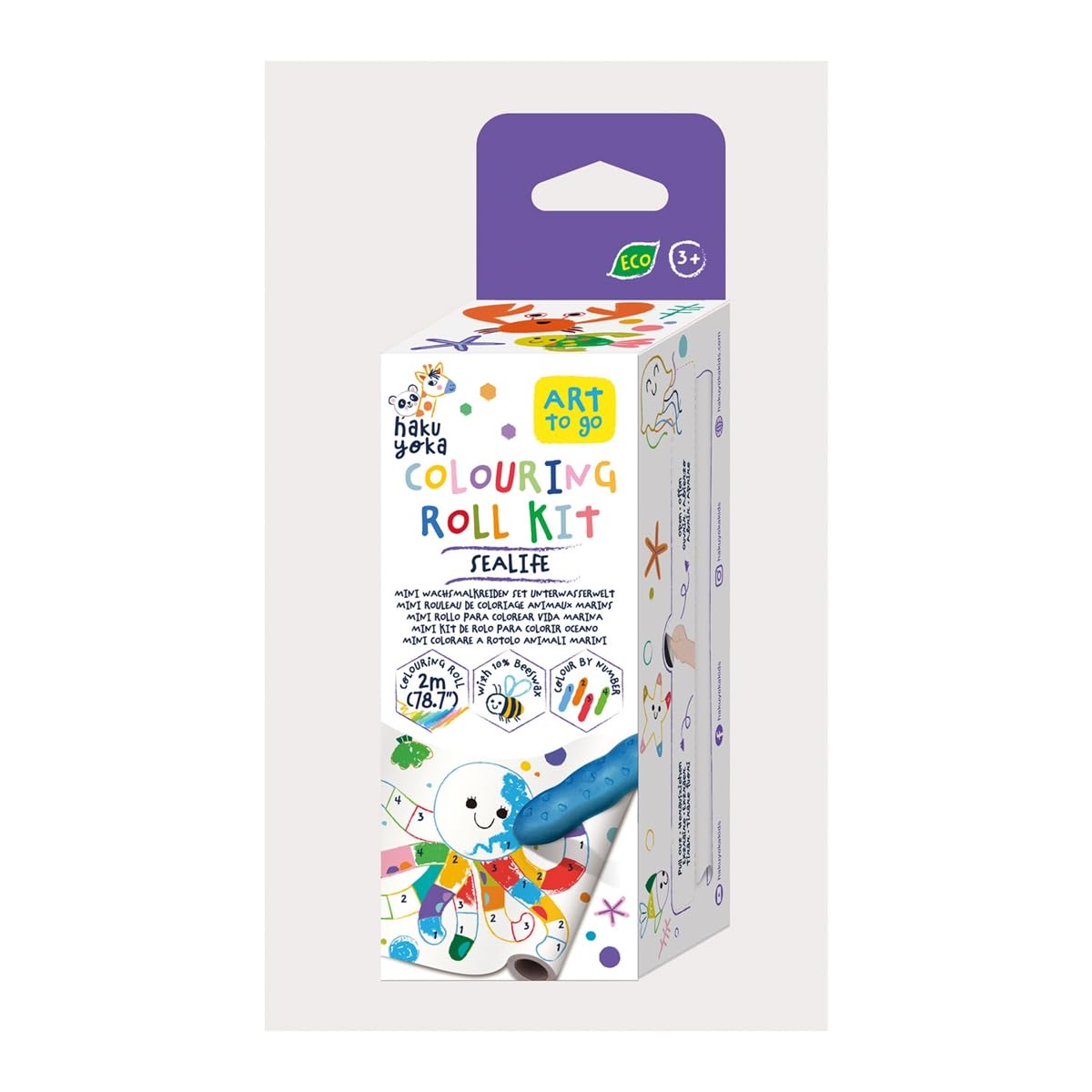 Haku Yoka Wax Crayon Set, Mini Sealife Colouring Roll, Paper Roll with Colouring Motifs and 4 Colourful Wax Crayons Including 20 Stickers, for Children from 3 Years