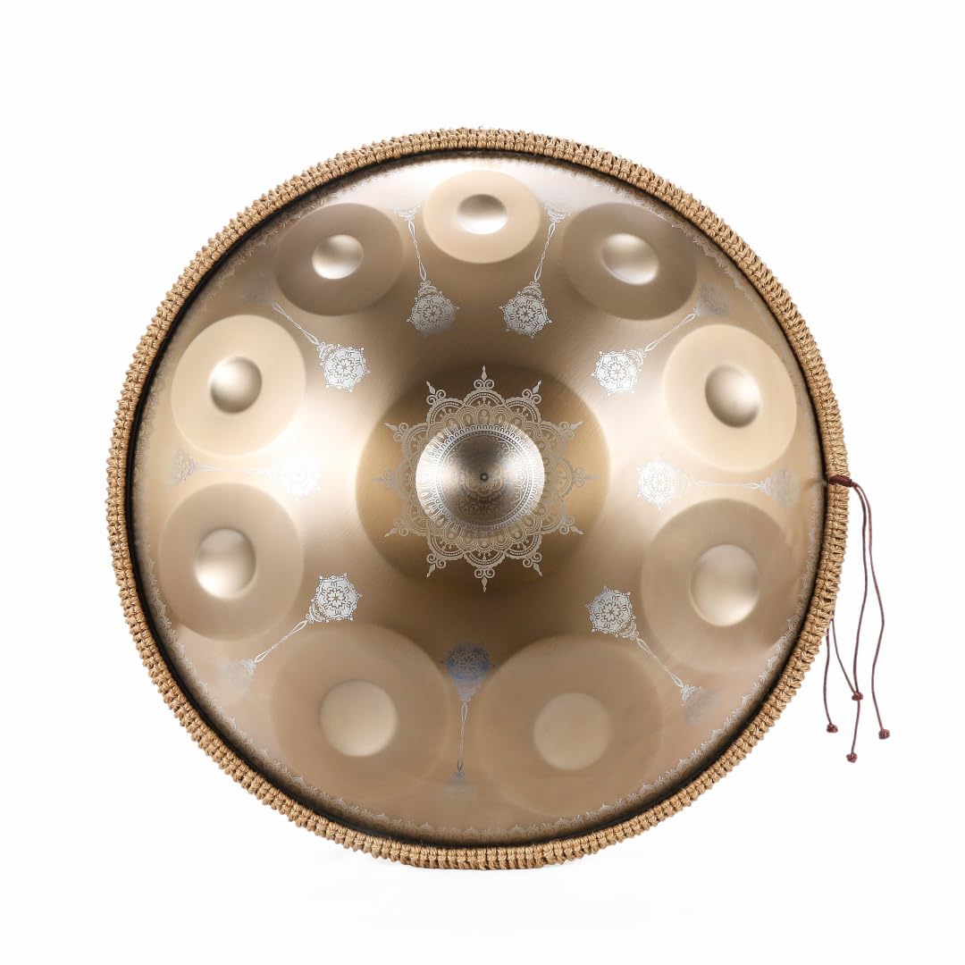 Handpan Mandala doré - 10 notes - Échelle courte - Instrument professionnel de guérison sonore - En acier de qualité supérieure - Tambour de méditation pour soulager le stress, le yoga et la