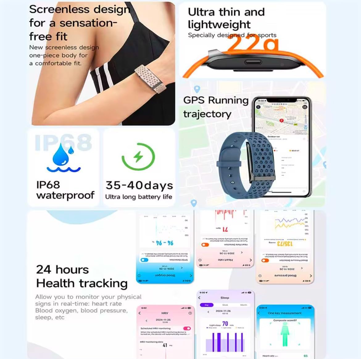 Bracelet connecté, Deux Bracelets Inclus, Montre Intelligente sans ecran, Tracker d’Activité, Surveillance Tension, Fréquence Cardiaque, Oxymétrie, Stress (Bracelets Oranges)