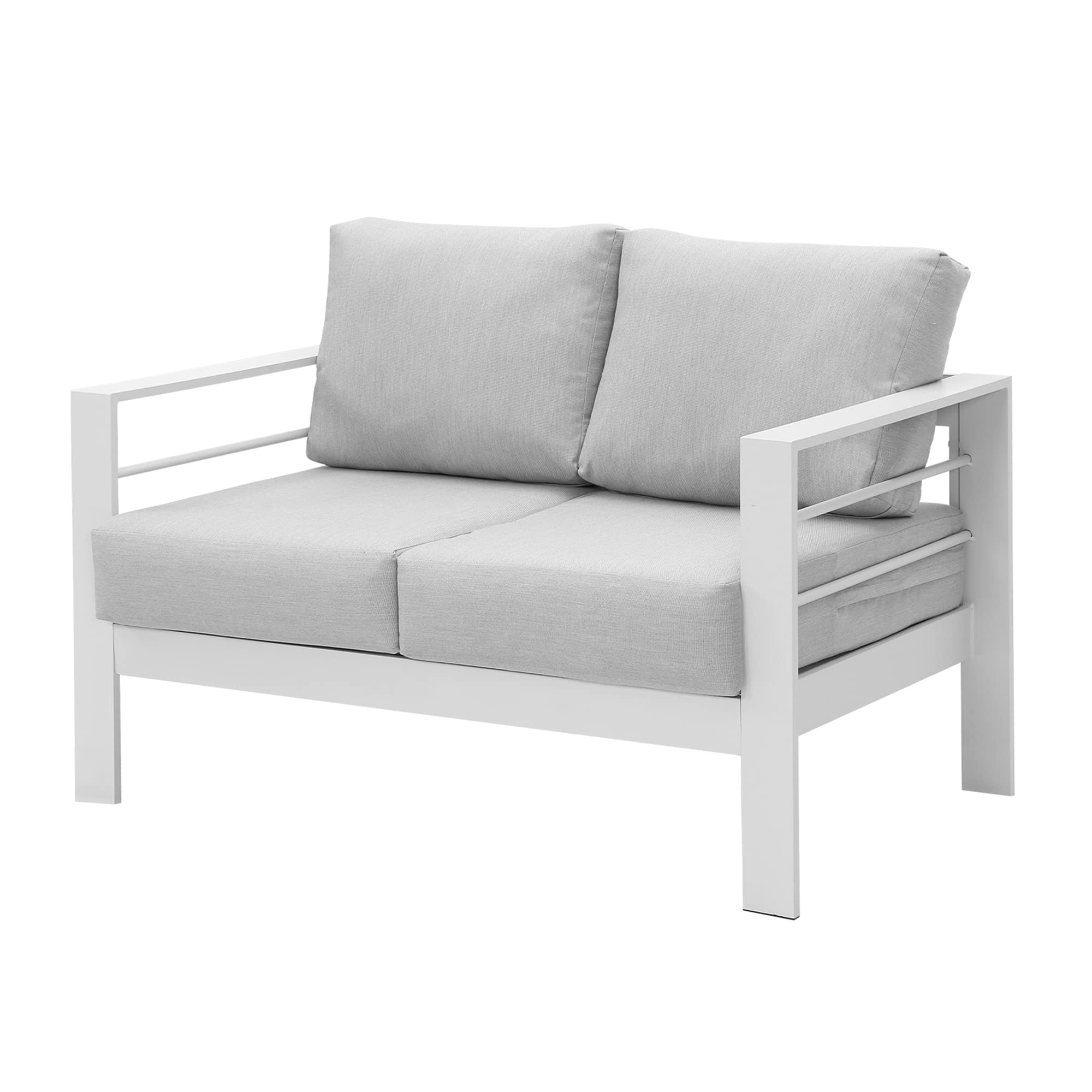 Wisteria Lane Patio Furniture Aluminum Loveseat, All-Weather Outdoor 2 Seats Sofa Couch, White Metal Chair with Light Grey Cushions