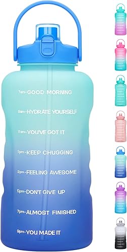 Botella de agua de un galón con popote, 128onzas (3.8L), libre de BPA - Innovadora botella deportiva con tapa 2en 1con recordatorios motivacionales