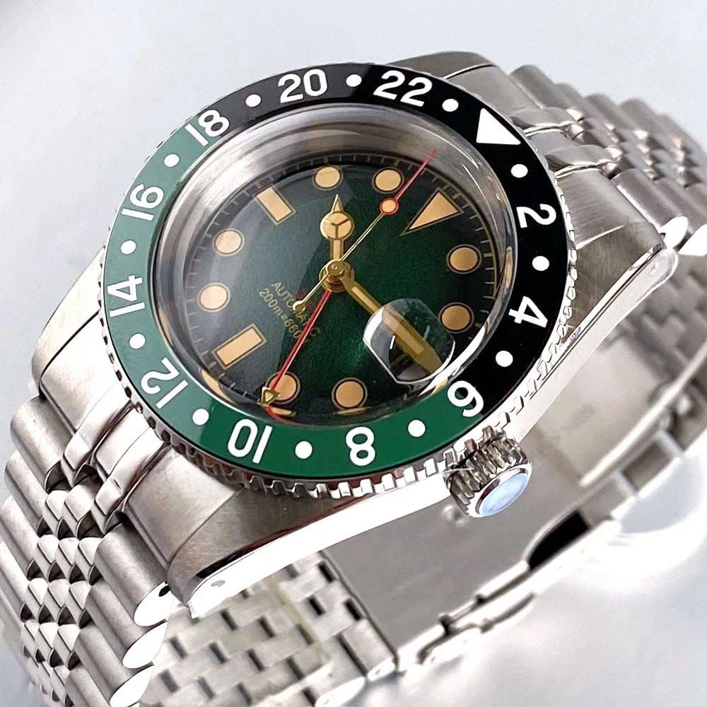 38 mm automatyczne mechaniczne zegarki GMT NH34 ruch wypukły szafirowy kryształ, stal nierdzewna 316L bransoletka jubileuszowa nurkowanie męski zegarek
