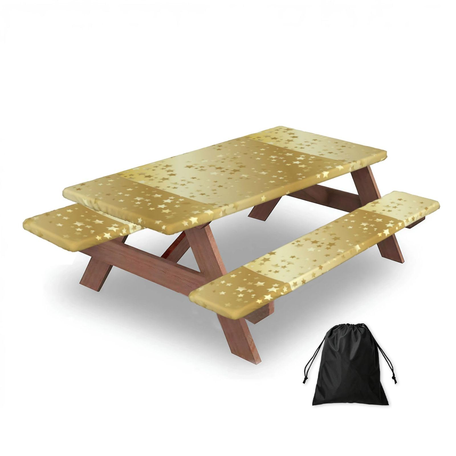 Lots Of Stars Gold Seamless, Picnic Table Cover With Bench Covers -Waterproof Elastic Fitted Tablecloth for Garden Camping Patio 76x152cm