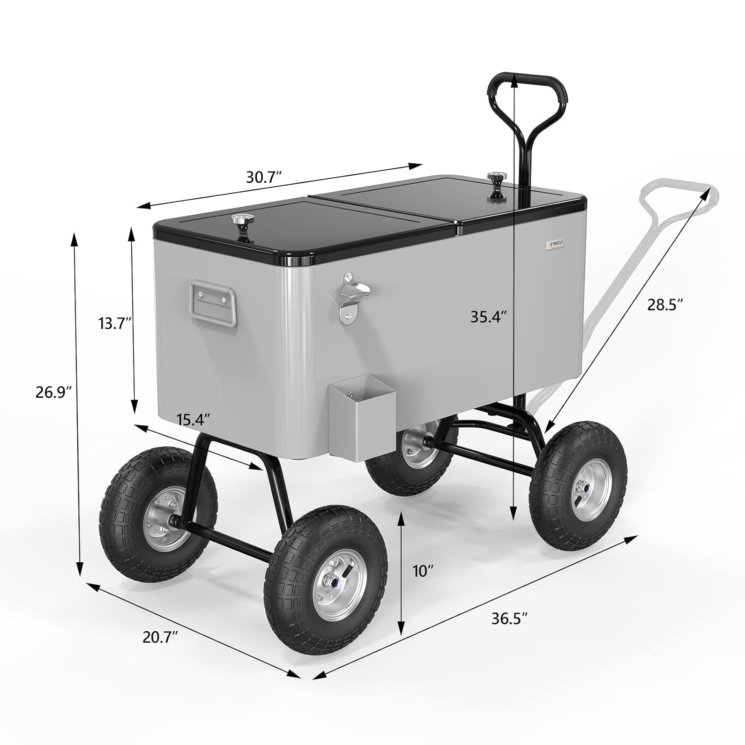 Detailed diagram of the VINGLI 80 Quart Wagon Rolling Cooler with all external dimensions labeled in inches.
