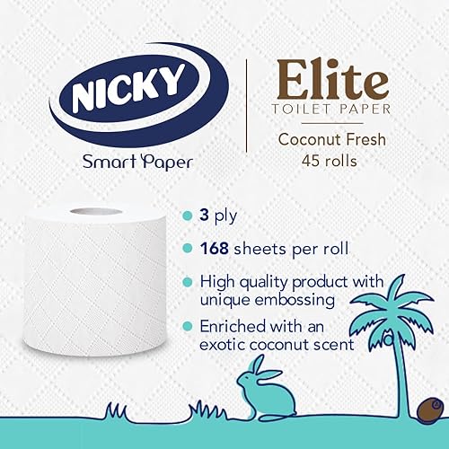 Miniatura 2 de Nicky Elite Coconut Fresh - Papel higiénico con 45 rollos de papel higiénico blanco, 168 hojas por rollo, 3 capas, aroma exótico de coco, suavidad y