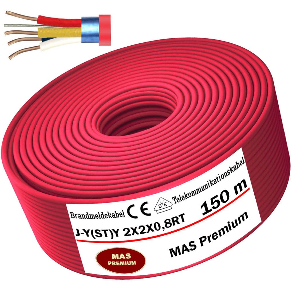 MAS Premium Cable de alarma contra incendios de 5 hasta 250 m, cable de telecomunicación J-Y(ST) Y 2 x 2 x 0,8 RT (J-Y(ST) Y 2X2X0,8 RT, 150 m