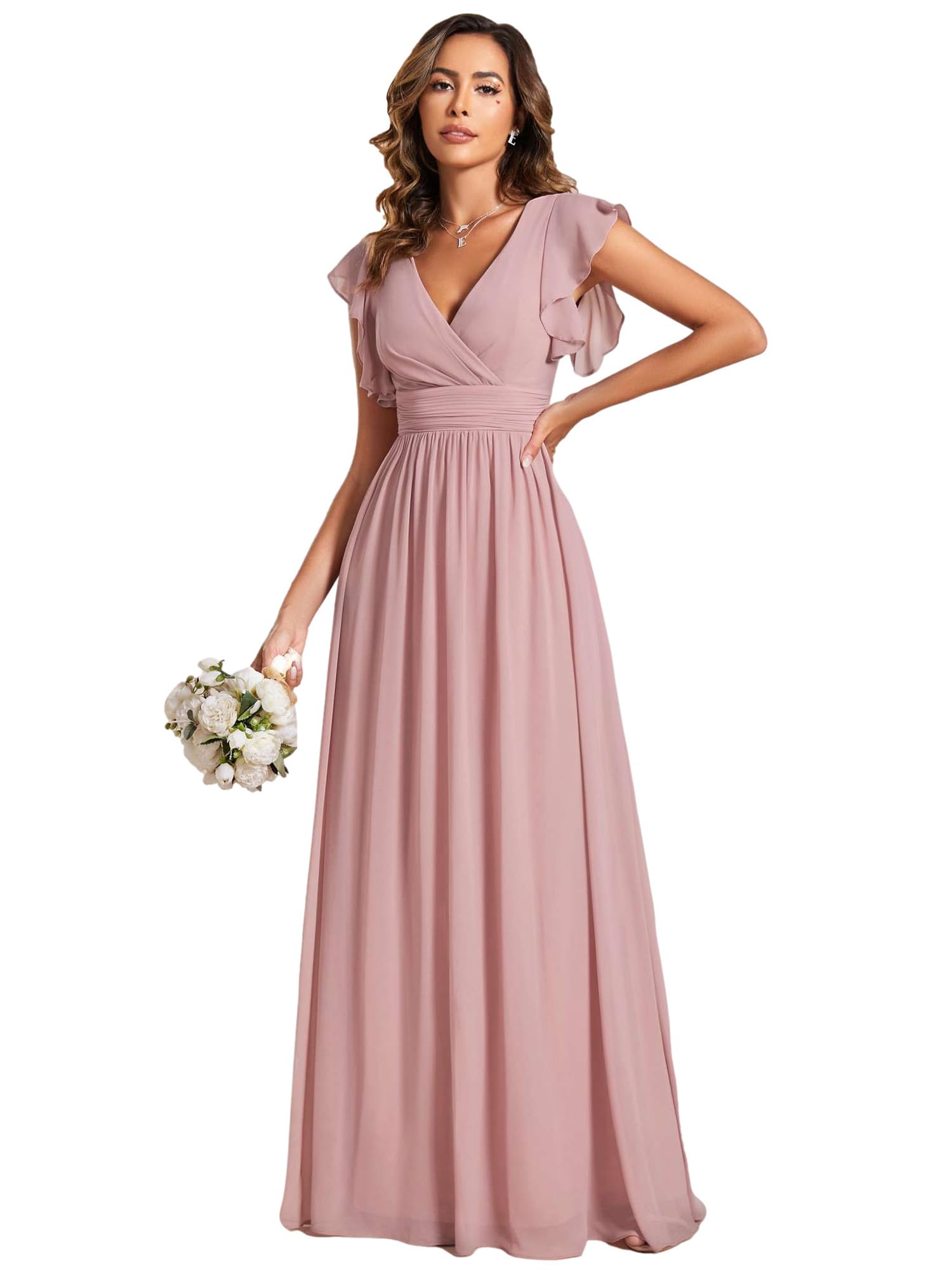 Women Dresses Bridesmaid Wedding Guest Dress Elegant Chiffon A-Line Ruffles Sleeve ES01819