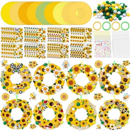 Hollowfly 48 Sets Sunflower Craft Kits DIY Spring Wreath Hanging Ornaments Make Your Own Paper Summer Craft with Bee Daisy Stickers for Home Summer Activities Party Decor