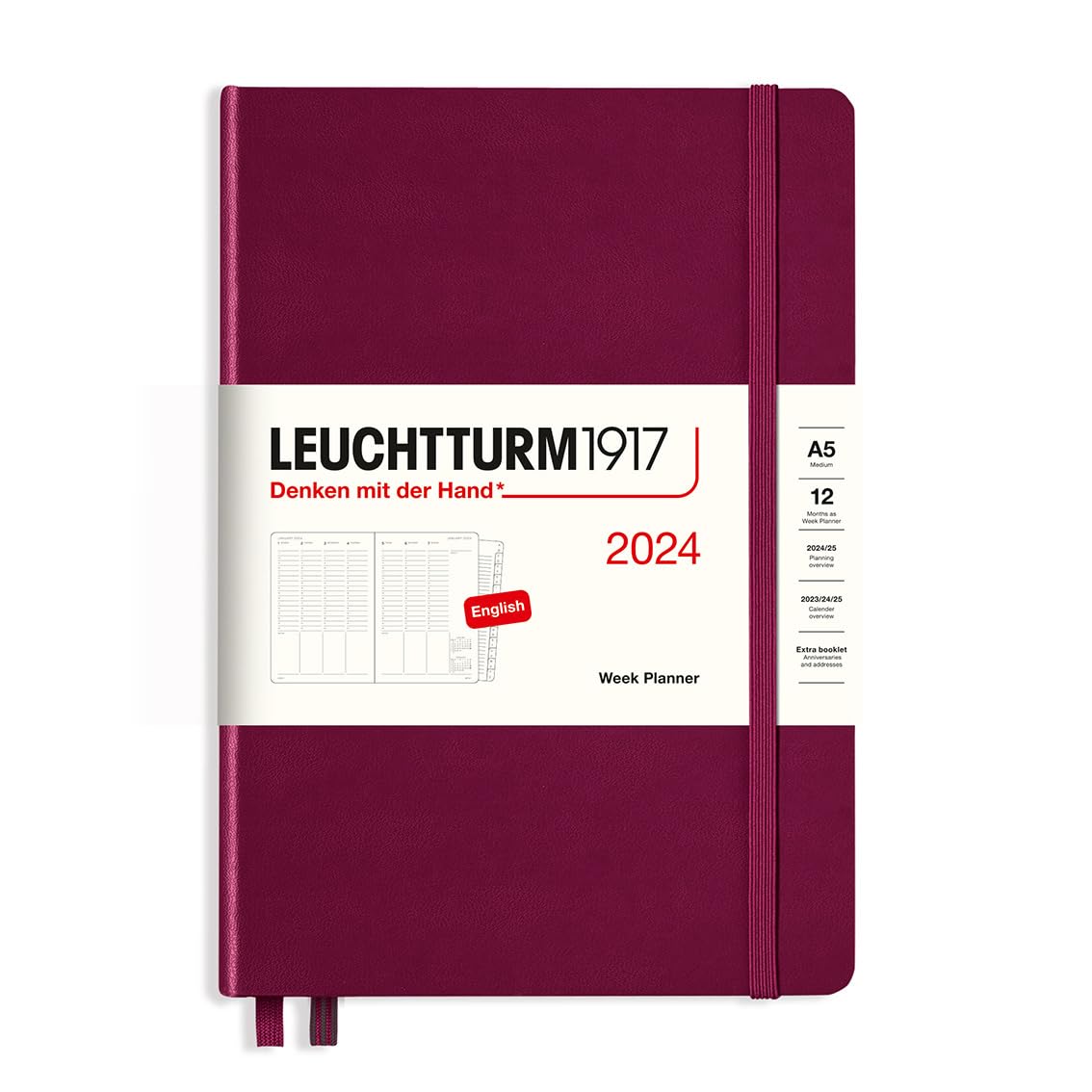 LEUCHTTURM1917 367833 Weekly Planner Medium (A5) 2024, 12 Months, Port Red, English