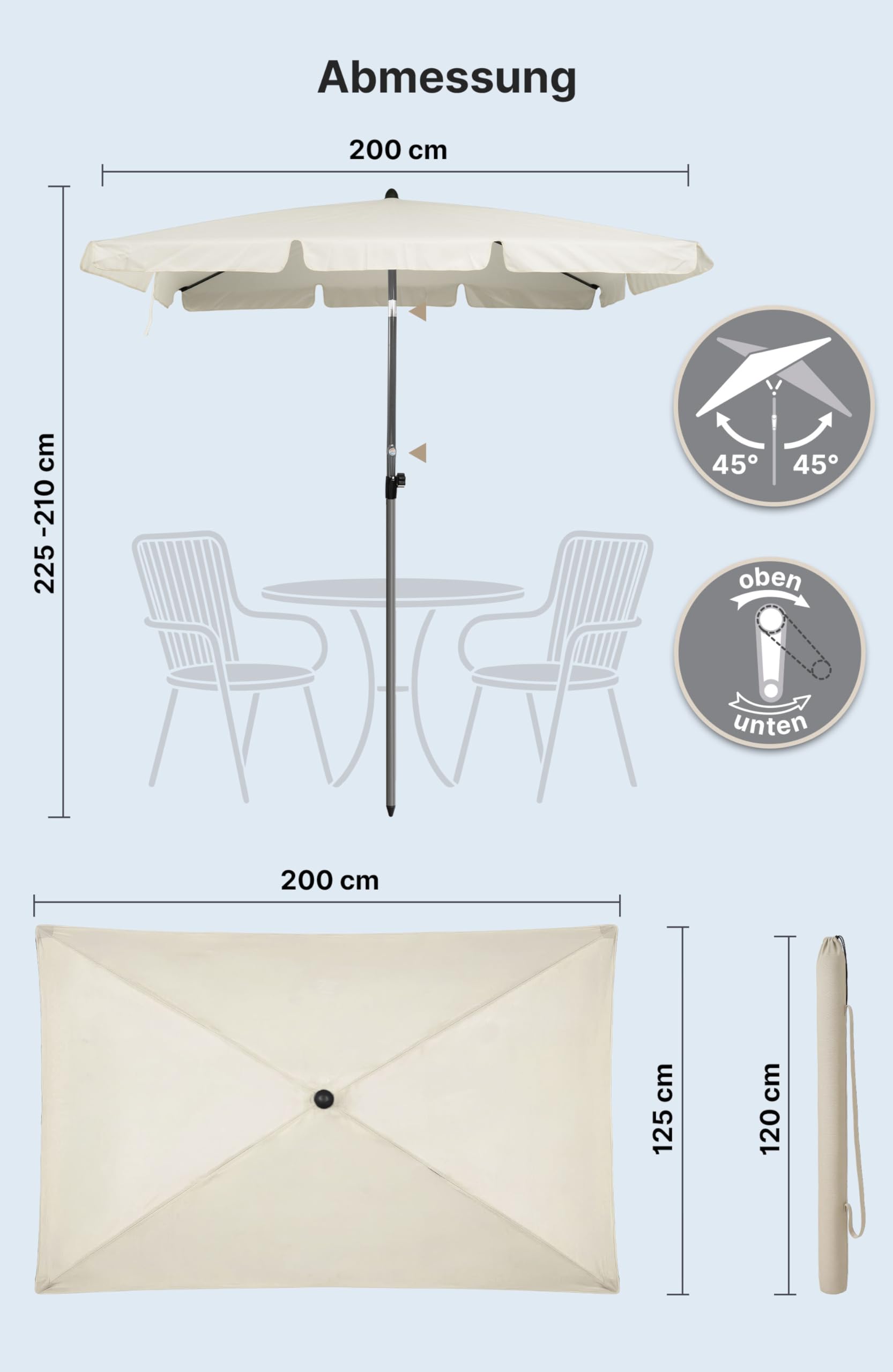 4smile Sonnenschirm Balkon mit Kurbel, mit Schutzhülle, Sonnenschirm rechteckig 200x125 cm, Sonnenschutz Balkon mit UV 50+, Balkonschirm, knickbar und höhenverstellbar, Beige