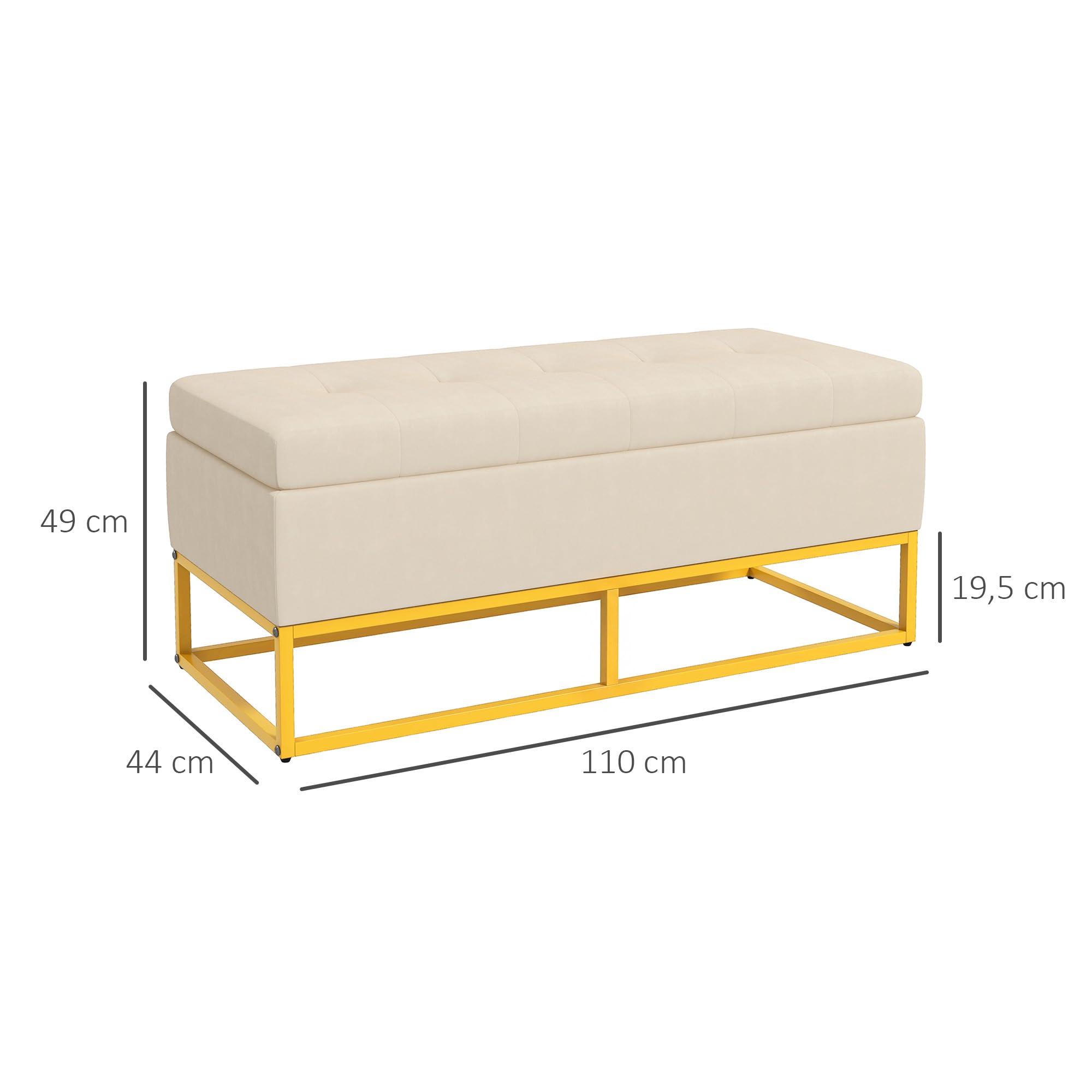 HOMCOM Sitzbank mit Stauraum Klappdeckel Sitztruhe Beige 110 x 44 x 49 cm | Gepolstert, Samtoptik, Polsterbank, Bettbank, Truhenbank mit Stahlbeine, Für Wohnzimmer, Schlafzimmer