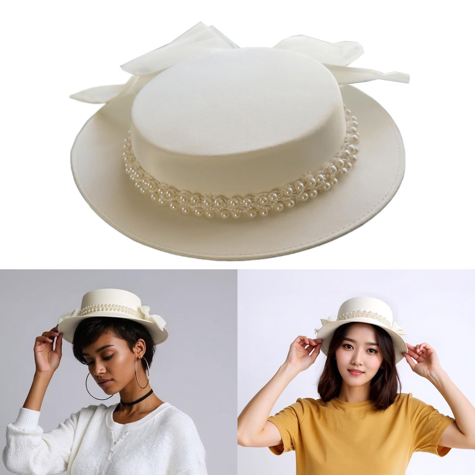 Sombrero victoriano de perlas para despedida de soltera, regalo de novia, boda, despedida de soltera, perlas, elegante sombrero plano