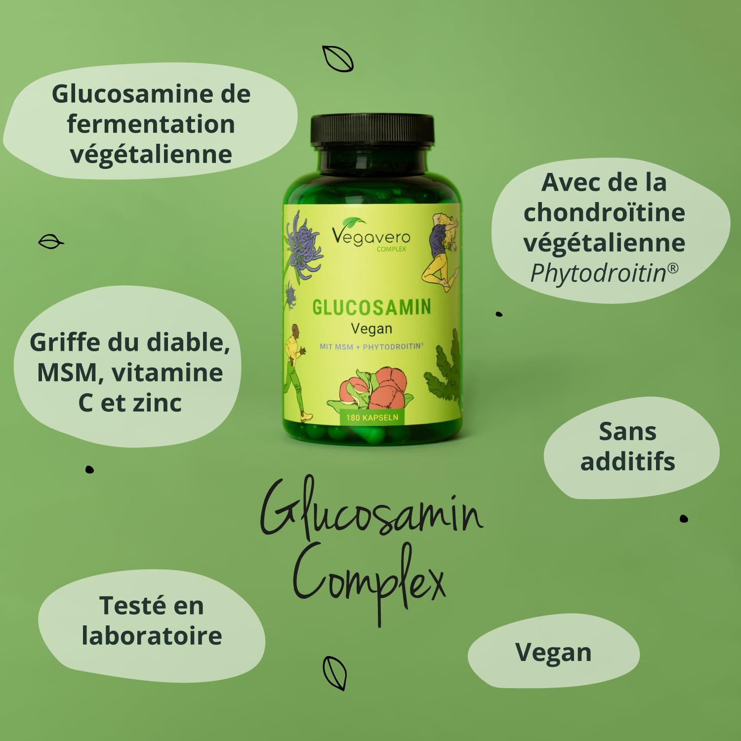 Glucosamine Chondroïtine Complex Vegavero® | 100% VEGAN | Avec MSM, Vitamine C, Harpagophytum et Zinc | Pour les ARTICULATIONS* | Sans Additifs | 180 Gélules