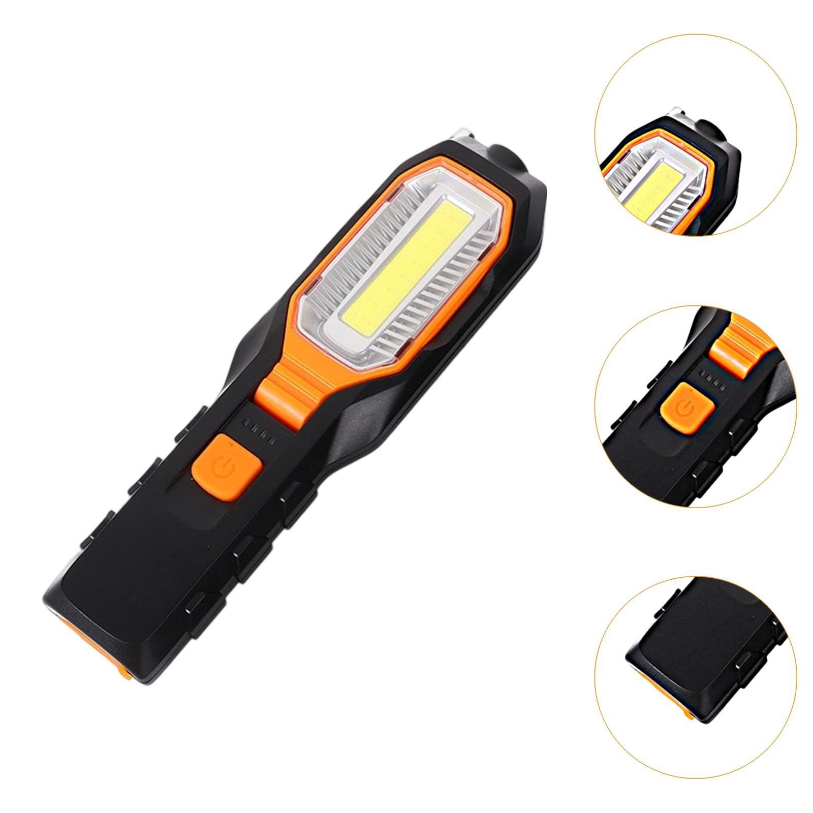 Lámpara de Trabajo LED COB Recargable Portátil Universal para Inspección Linterna Mano USB Indicador de Batería Gancho Rotatorio Material Antidesliza, Naranja
