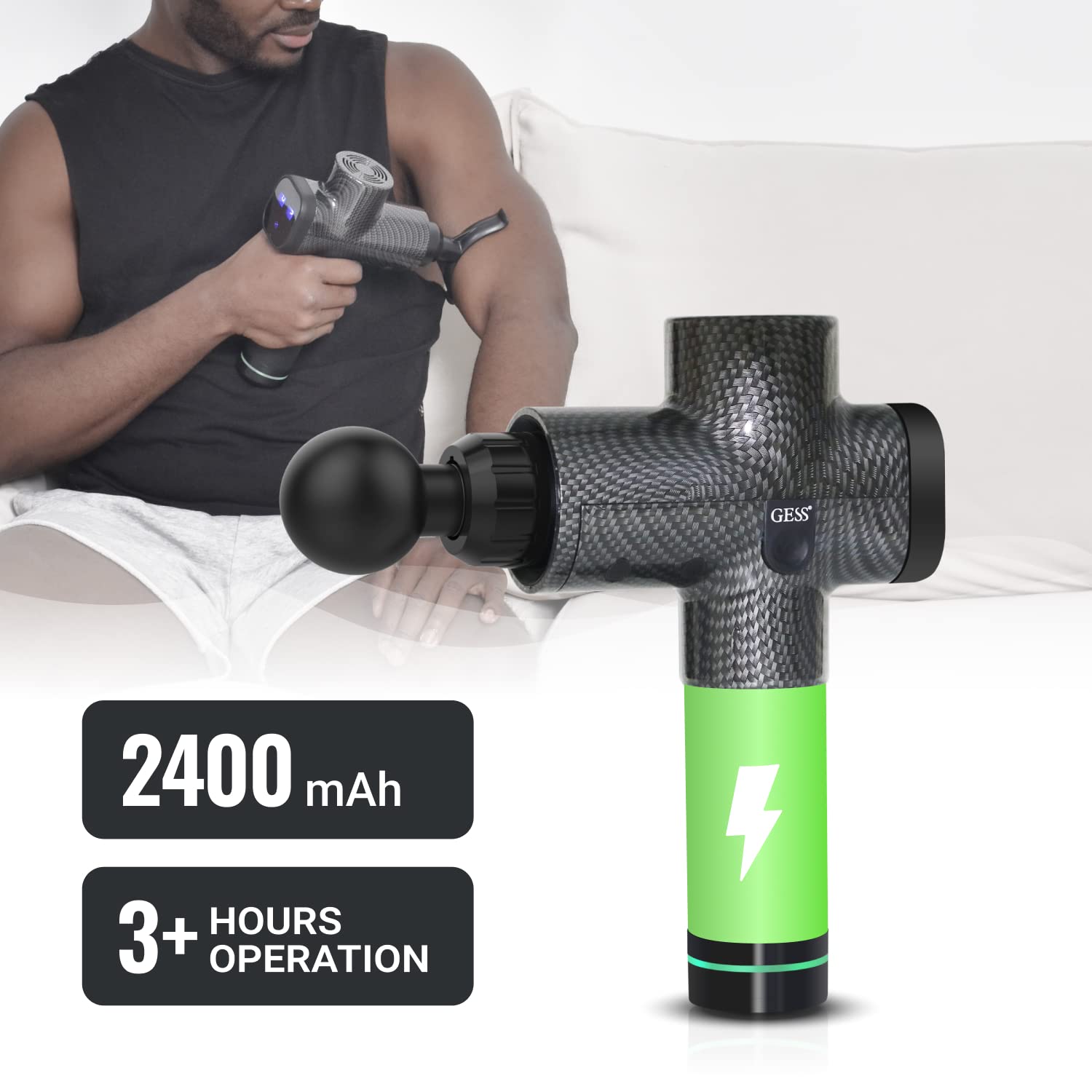 GESS Revolver Massagepistole, Tiefengewebe-Perkussionsmassagegerät zur Schmerzlinderung in Rücken, Nacken, Schultern und Beinen, mit 9 Aufsätzen, tragbar, ideal für Sportler und zur Muskelregeneration