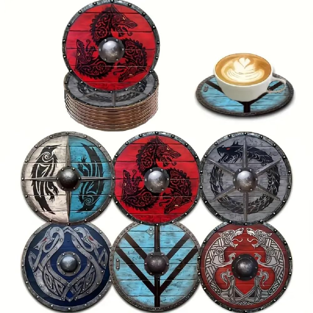 Viking Shield Drink Coasters, Norse Design, 3.94 inch Round, Set of 6, Decorative Table Protection