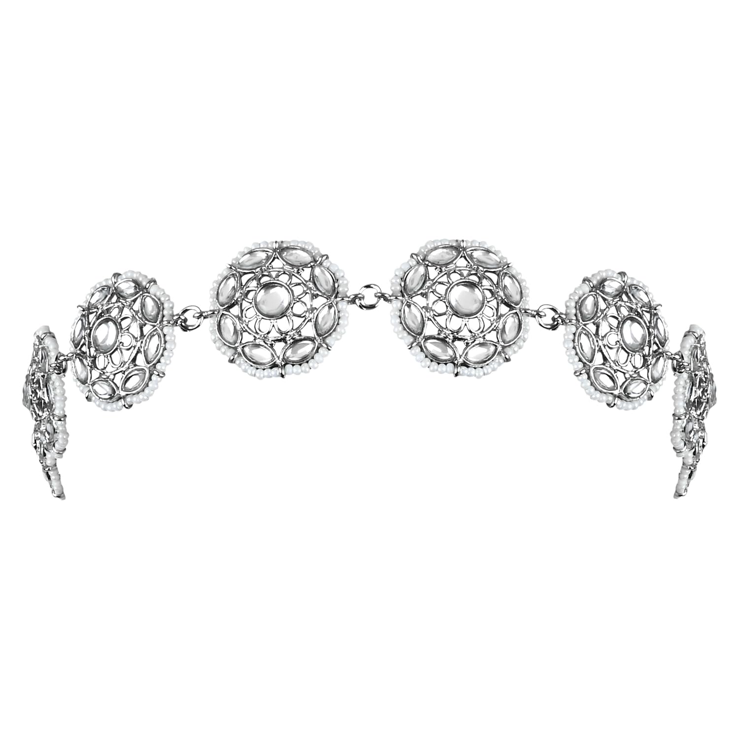 I Jewels Navratri Ethnic Silver Plated Traditional Floral Kundan Pearl Sheeshphool Matha Patti Sheeshpatti For Women/Girls (T2129S)