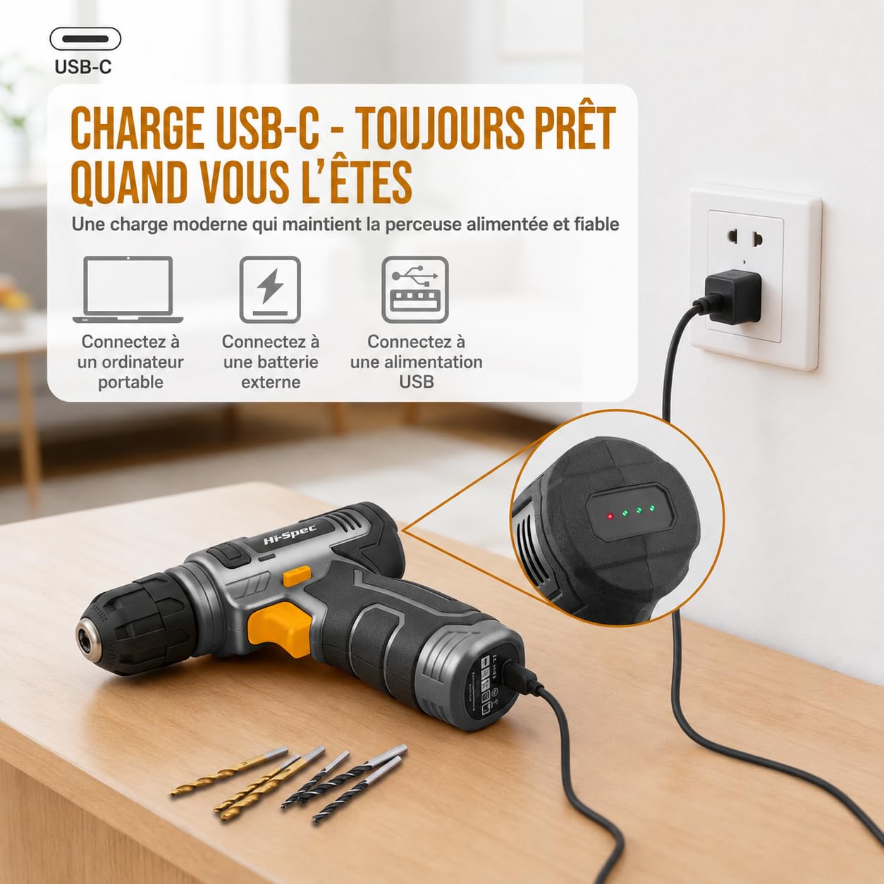 Hi-Spec Perceuse-Visseuse Sans Fil 8V avec Kit 75 pcs, Recharge USB, Batterie 1500mAh, Couple 10Nm, Vitesse 800 tr/min, LED, Légère pour Bricolage Maison, Gris