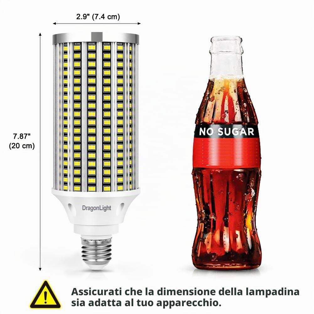 DragonLight 60W Lampadine LED a Pannocchia Super Luminose (200 Watt MH/HPS-Ricambio) - Lampada LED Edison E27/E40 - 6000K Bianco Freddo 7.200LM per Illuminazione Commerciale - Garage, Officina