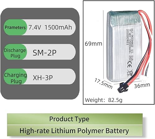 Miniatura 2 de Paquete de 2 unidades 7.4V 1500mAh 903462 25C para Wltoys A959-B A969-B A979-B K929-B WLtoys 4WD de alta velocidad RC Cars y la mayoría de coches RC