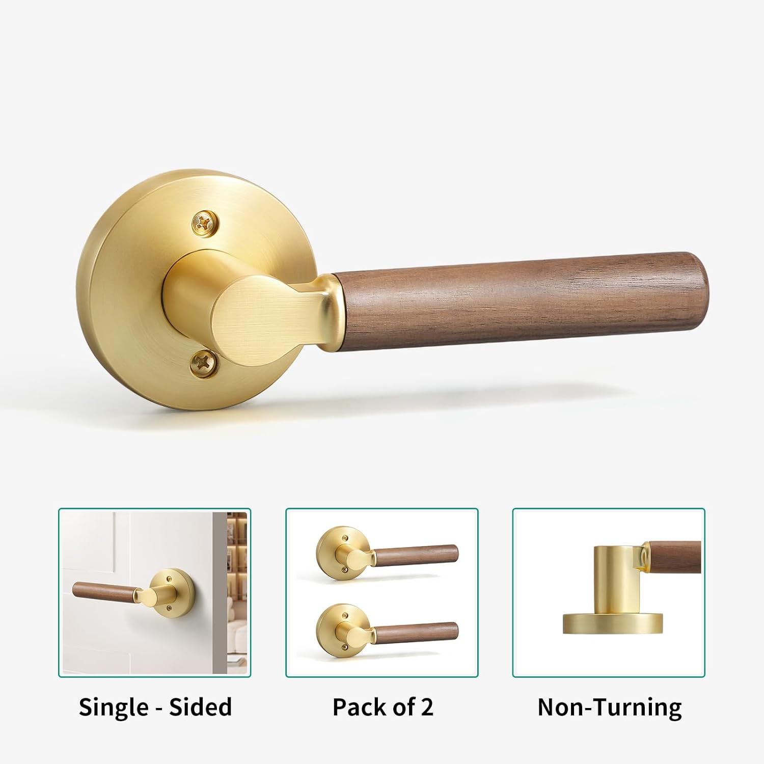YAGU Wooden Round Dummy Lever Door Handle Pack of 2 Non-Turning Single Side Pull Only Lever Set [for Closet or French Doors] Heavy Duty - Satin Brass Finish