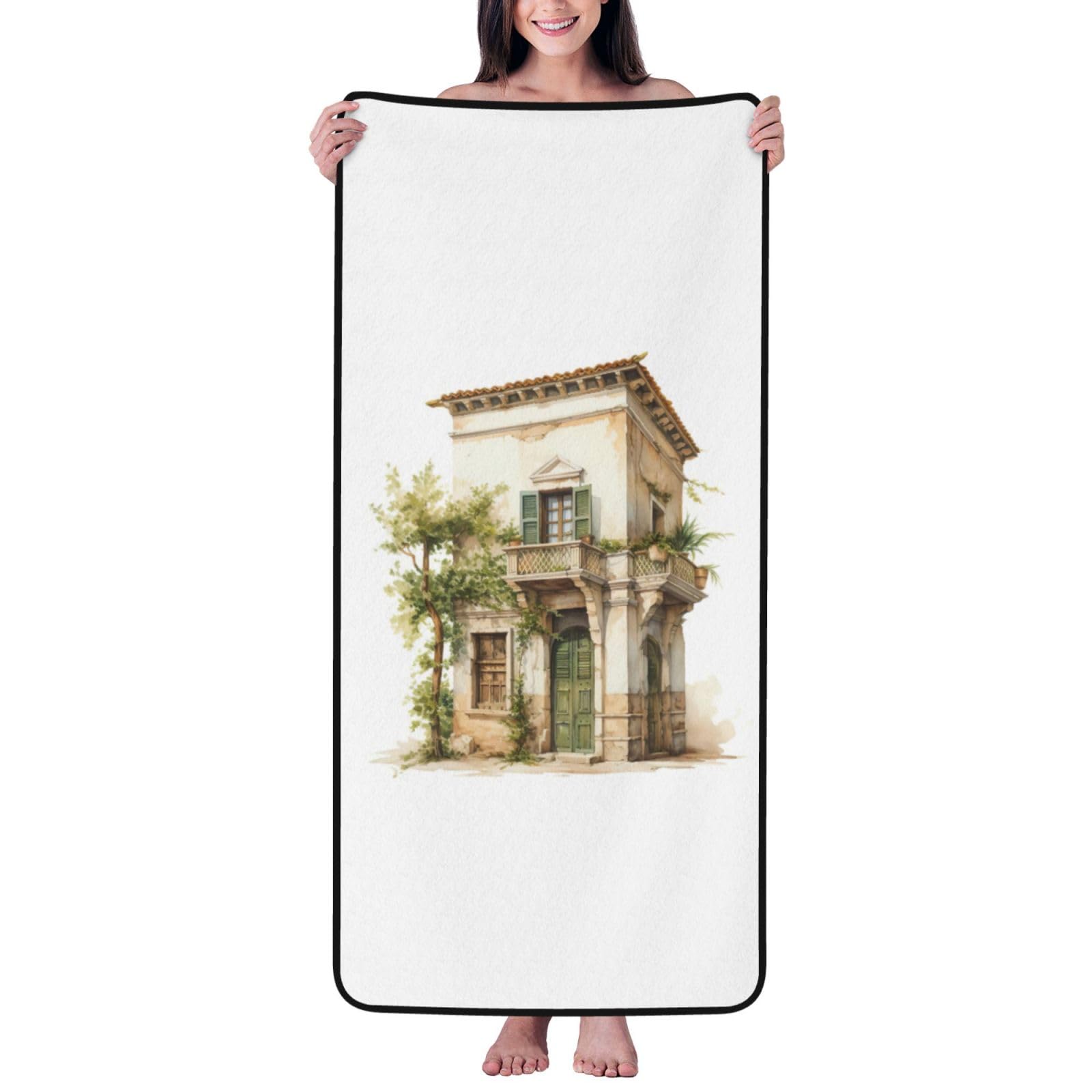 Ztpowqa Women's Black Antique Building With Roman Olive Branch And Greek Print Coral Velvet Bath Towel For Home Gym Lounging Bathroom Spa Hotel Beach Travel