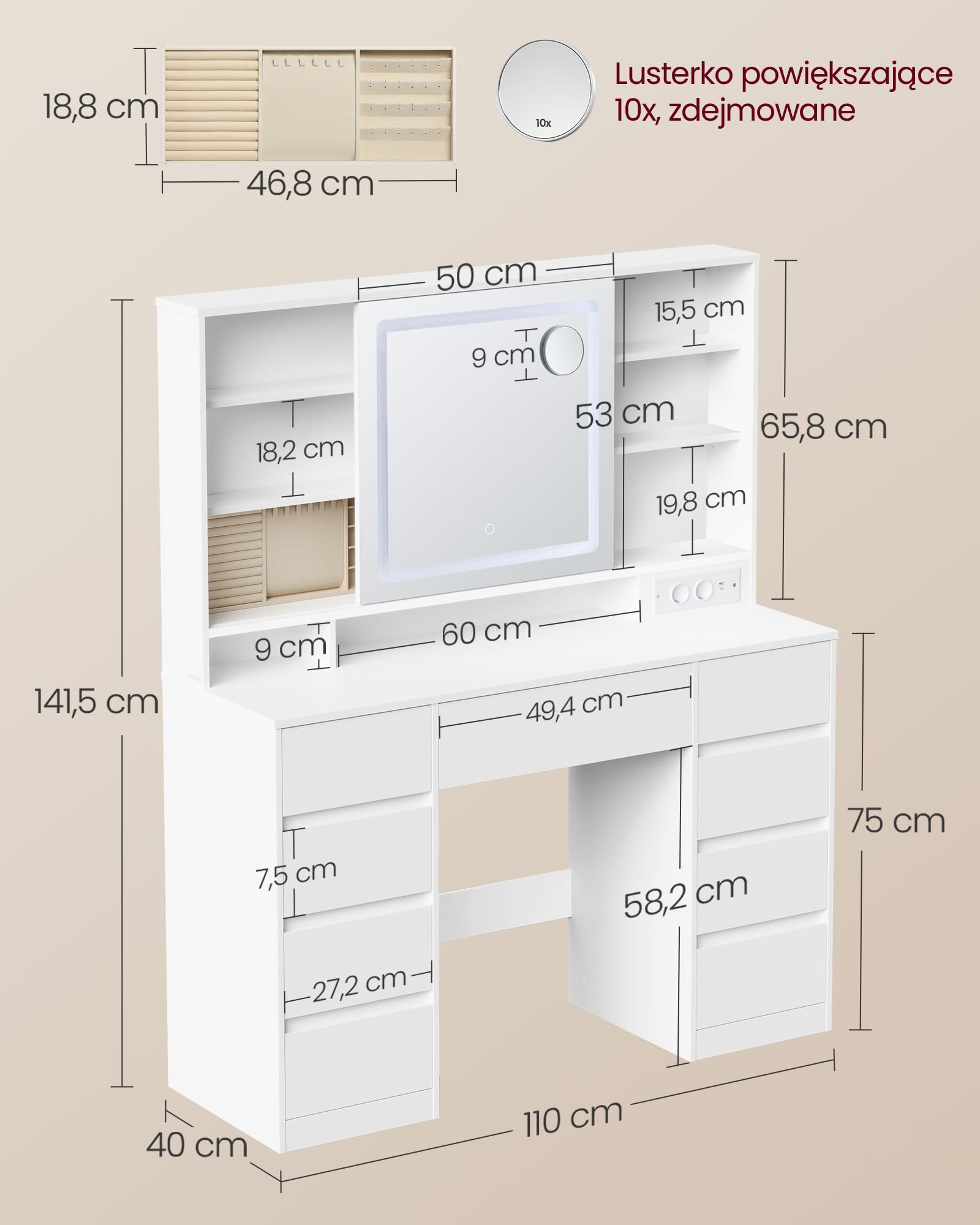 VASAGLE Kailyn Collection toaletka z lustrem LED, listwa zasilająca, 9 szuflad, lupa 10x, 3-kolorowe oświetlenie, montaż bez narzędzi, biała chmura RDT137W01