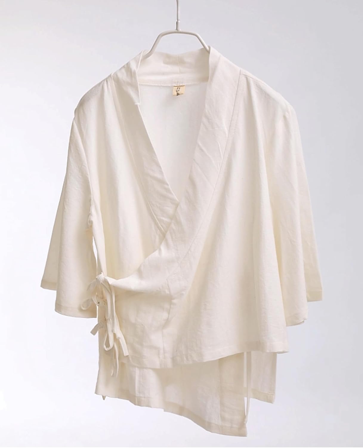 Women's Linen Retro Chinese Top,V-Neck, 3/4 Sleeve,White Linen Blouse with Side Ties