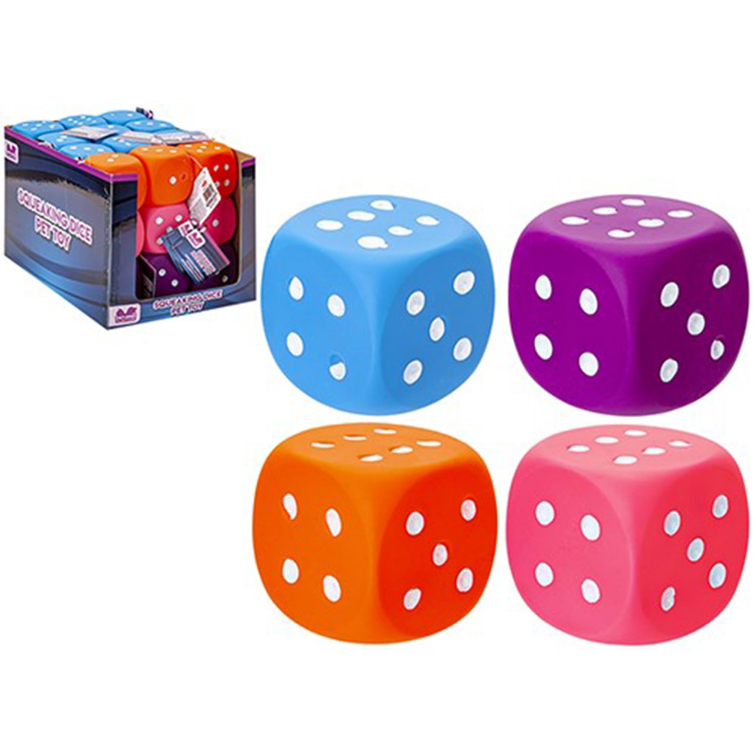 SQUEAKING DICE DOG TOY 6.5CM 4 COLOURS