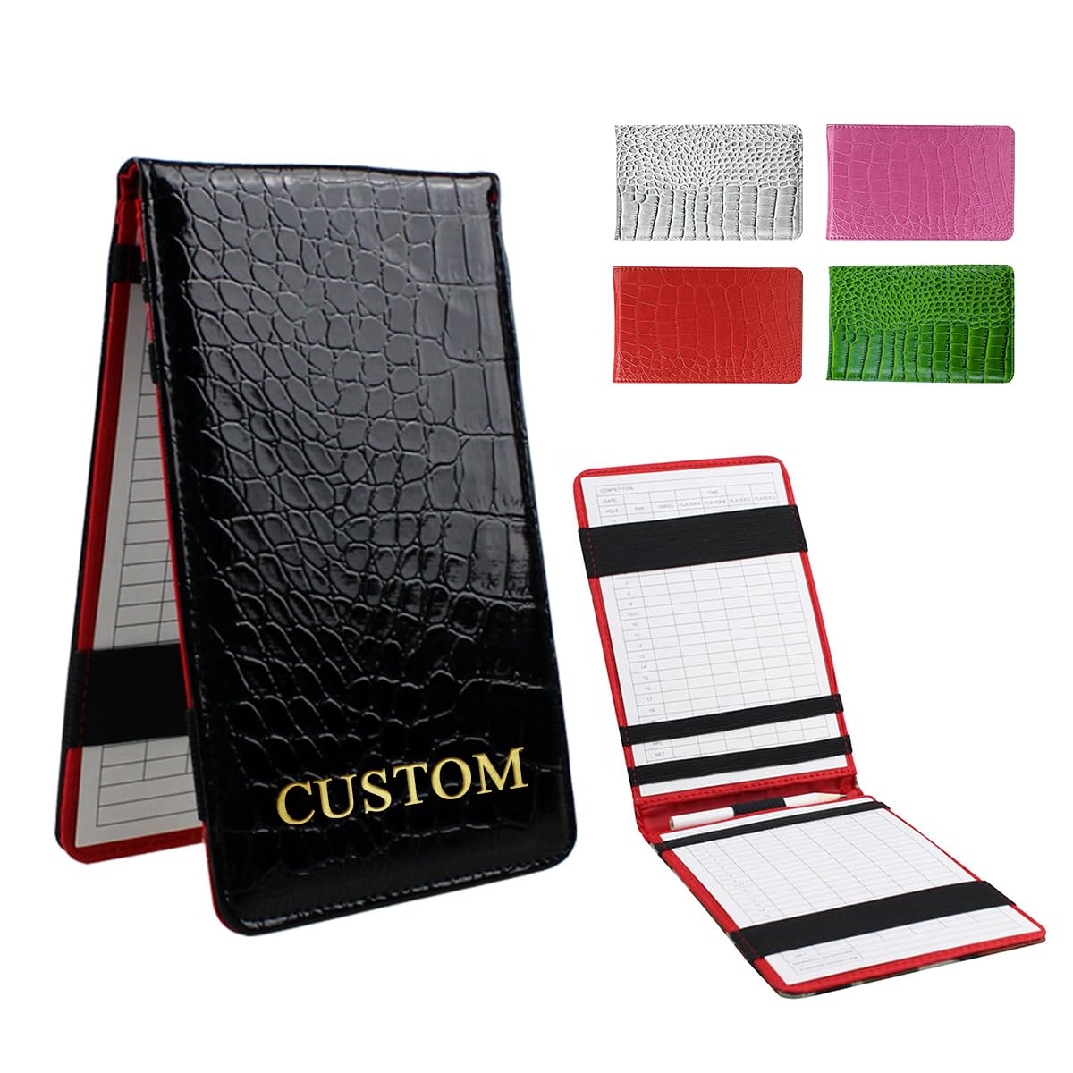 SuSuTiFy Custom Name Golf Scorecard Holder Personalized Leather Initials Monogram Golf Yardage Book Cover Case Golf Score Book Gift for Birtday Father's Day Crocodile Pattern, 5 Colors